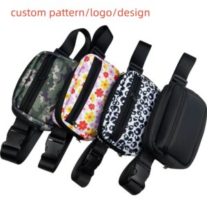 Collection of four custom neoprene fanny packs in camouflage, floral, leopard, and solid black prints with adjustable black buckle straps.