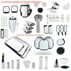 A collection of white blank neoprene products for sublimation, including laptop sleeves, wine bottle coolers, water bottle carriers with straps, pencil cases, and circular coasters for custom printing.