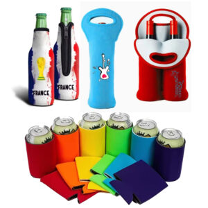 Variety of neoprene drink carriers including a blue 6-pack beer tote, patterned single bottle wine sleeves (watermelon, pineapple, cactus designs), and a set of colorful collapsible can coolers.