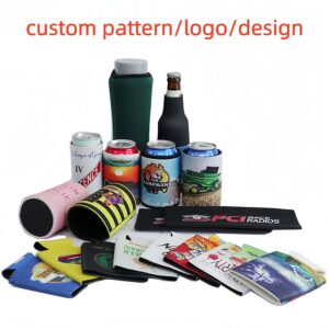 Showcase of custom printed neoprene can coolers and bottle sleeves with various full-color logos, vibrant patterns, and professional graphic designs for promotional use.